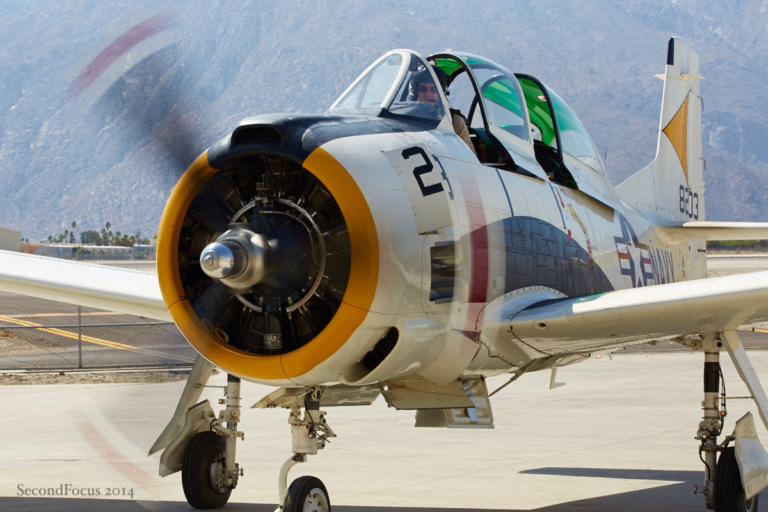 A US Navy North American T-28B Trojan Returns from the runway at the Palm Springs Air Museum